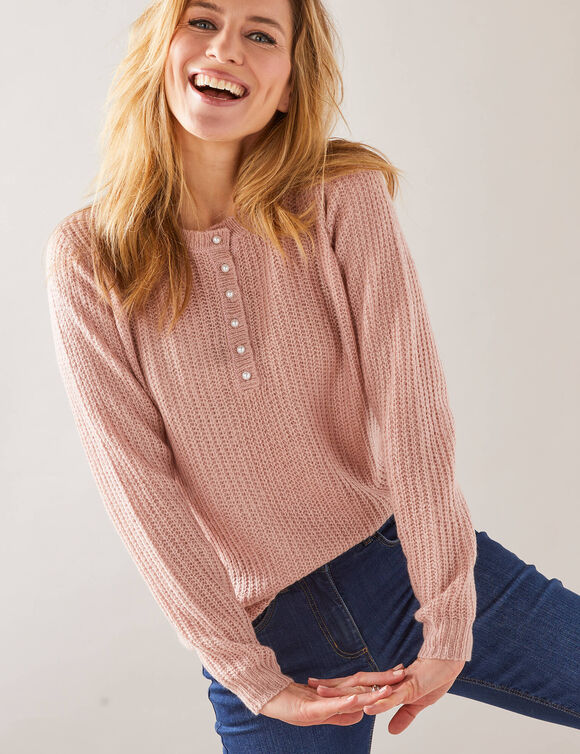 Pull col tunisien, maille anglaise toucher doux (rose poudré) Pull col tunisien, maille anglaise toucher doux (rose poudré)